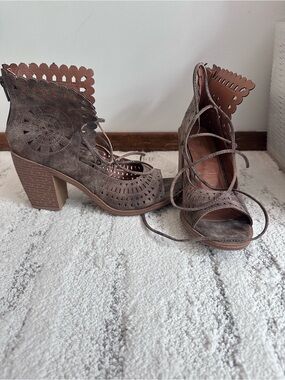 Maurices Scalloped Cutout Lace-Up Block Heel Sandals - Brown